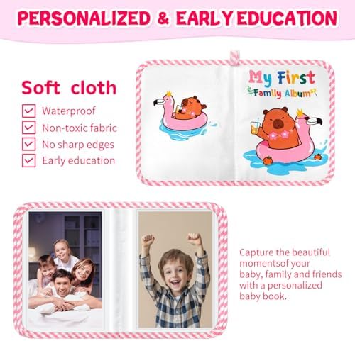 Close up of the durable stitched seams and protective film on the Jenlan baby photo book