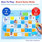 Unfolded packaging box demonstrating how it transforms into a miniature ice hockey rink background for active pretend play.