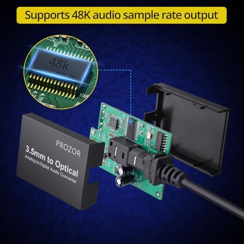 PROZOR 3.5mm to SPDIF optical adapter layout demonstrating the compact and space saving lightweight construction.