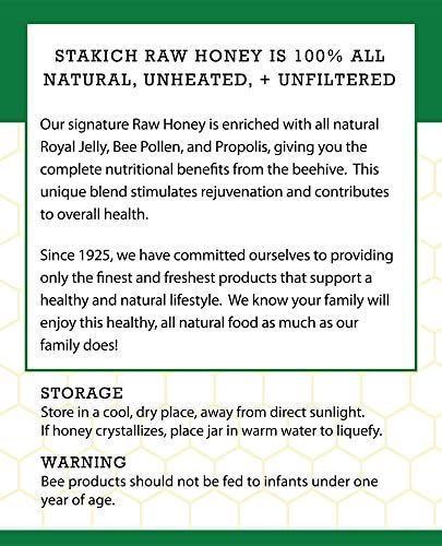 Stakich brand 1211.0g bulk honey jar featuring 100 percent natural beehive superfoods