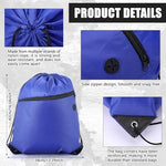 Tasdurian bulk footbags arranged neatly next to the cobalt blue polyester drawstring carry bag