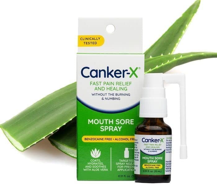 Canker-X oral pain relief spray with attached targeted nozzle for precise application on mouth ulcers