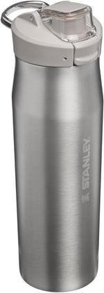 Lightweight stainless steel insulated water bottle with its locking dual action lid closed.
