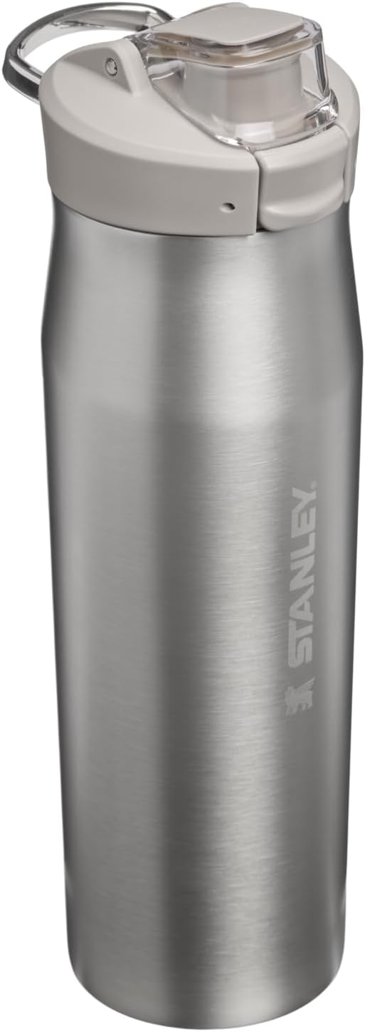 Lightweight stainless steel insulated water bottle with its locking dual action lid closed.