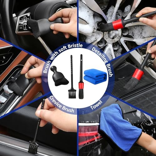 Automotive detailing brushes, crevice tool, and spray bottle included in the wash kit