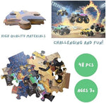 Tot Dojo monster truck puzzle laid out on a living room floor showing three feet by two feet size