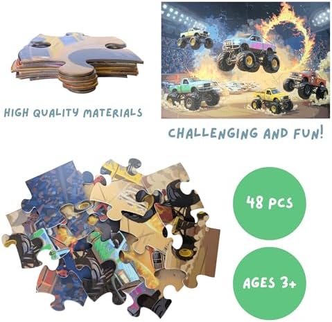 Tot Dojo monster truck puzzle laid out on a living room floor showing three feet by two feet size