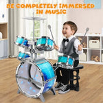 Vibrant toddler jazz instrument set showing cymbal and drumsticks
