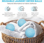 Six pack of blue plastic laundry dryer balls for reducing static cling