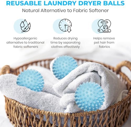 Six pack of blue plastic laundry dryer balls for reducing static cling