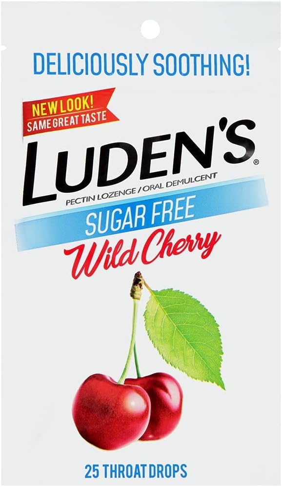 Ludens Throat Drops Sugar Free Wild Cherry 25 Count front view packaging