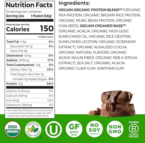 Orgain protein powder nutritional facts label closeup