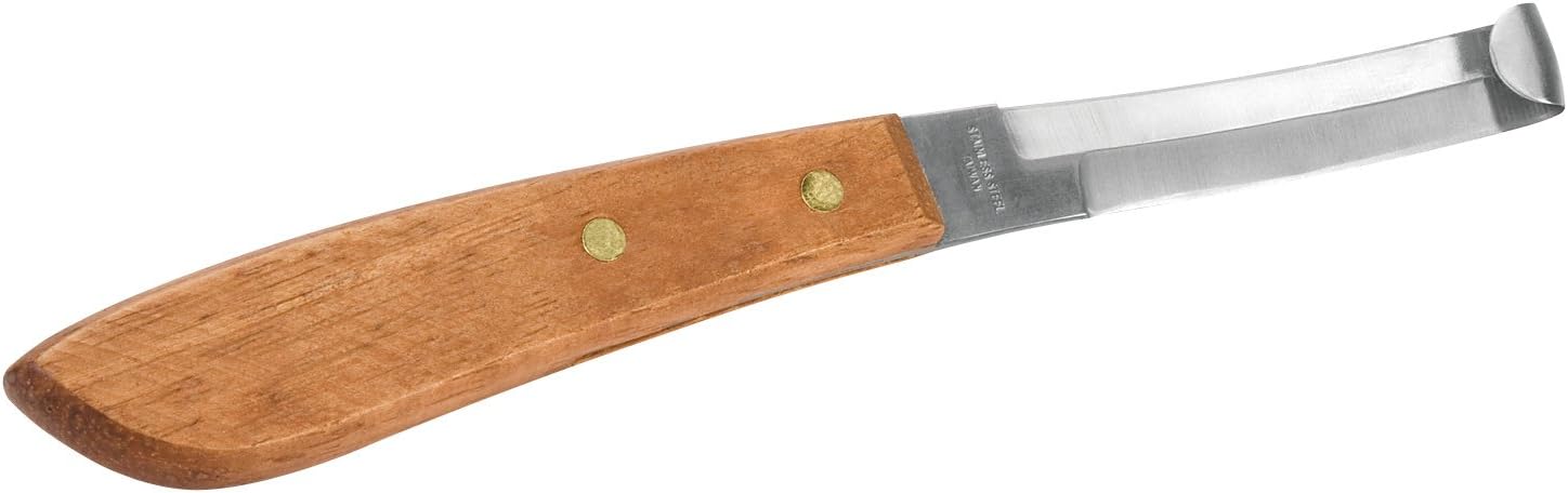 Weaver Equine Double Edge Hoof Knife front view showcasing the stainless steel blade and brown wooden handle.