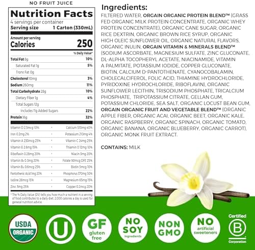 Back label of Orgain organic nutrition beverage displaying vitamins minerals and ingredients list