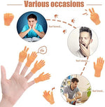 Someone wearing the Woozettn tiny hands on their fingertips to demonstrate how they fit over standard digits.