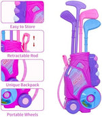 Close up of plastic toddler golf clubs and balls