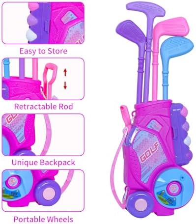 Close up of plastic toddler golf clubs and balls