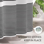 Packaging layout of the AmazerBath cloth shower curtain set including the striped fabric and twelve rings.