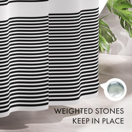 Packaging layout of the AmazerBath cloth shower curtain set including the striped fabric and twelve rings.