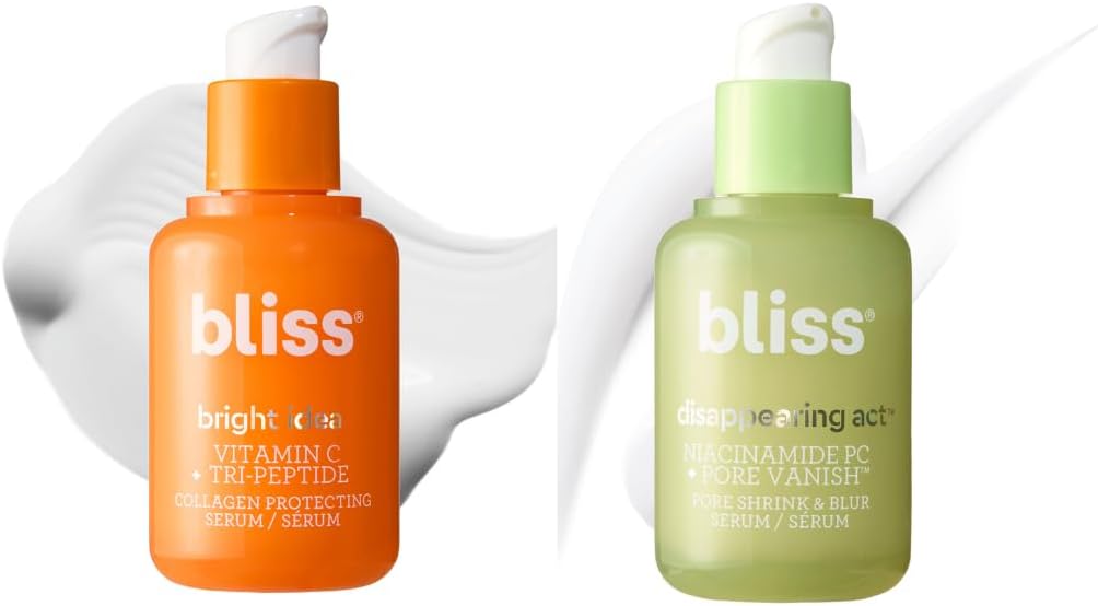 Bliss Niacinamide and Vitamin C Duo front view of orange and clear serum bottles for brightening skin