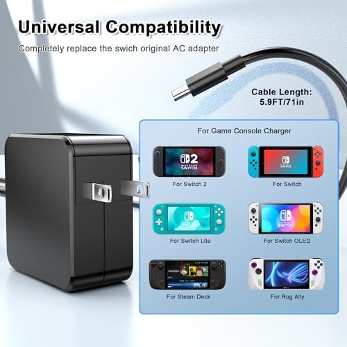 60W Charger for Nintendo Switch 2 & Steam Deck - PD 3.0 Fast Charging Power Supply with 5.9FT Cable, 4K TV Dock Support, 20V/3A Replacement AC Adapter for Switch 2/ OLED//Lite//Phone - Image 3