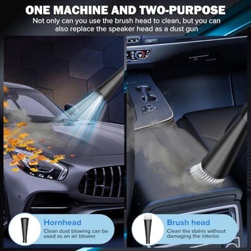 High pressure car blow gun clearing dust from tight dashboard vents and complex steering wheel seams