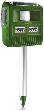 SereneLife solar animal repeller showing top solar panel and motion sensor