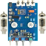 Top down look at the 470UF filter capacitors and wiring layout on the 6J5 vacuum tube preamp.