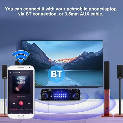 Romicta twelve hundred watt peak power bluetooth receiver placed on a audio rack stand
