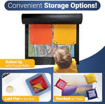 Kraftex stackable puzzle accessories holding sorted jigsaw pieces grouped by color on a table.