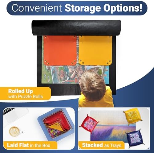 Kraftex stackable puzzle accessories holding sorted jigsaw pieces grouped by color on a table.
