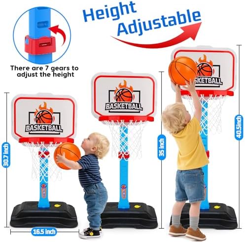 Side view of Tsomtto adjustable basketball hoop for toddlers.