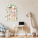 Premium wooden baby milestone display board showing included adhesive dots and hook accessories