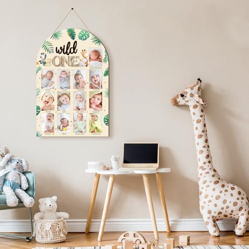 Premium wooden baby milestone display board showing included adhesive dots and hook accessories