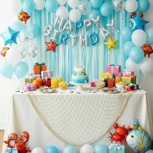 Sukh ocean theme party netting styled as a corner stuffed animal storage hammock