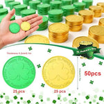 NEWHOOK gold and green shamrock tokens set on a flat surface