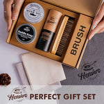 Complete boot care package showing step by step leather restoration accessories.