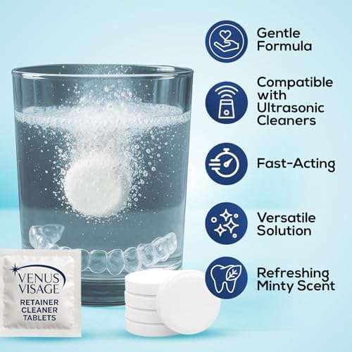 Venus Visage dental appliance cleaning tablets individually wrapped inside the product box showing premium mint formulation