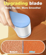 Blue and white electric lint remover showing stainless steel blades.