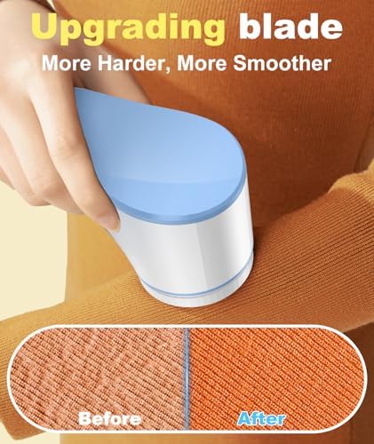Blue and white electric lint remover showing stainless steel blades.