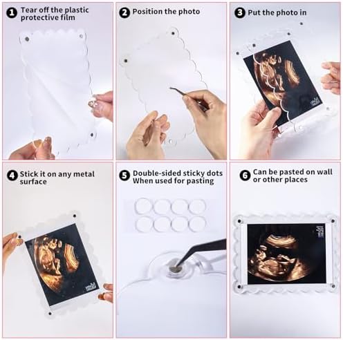 Mlatnod scalloped border transparent acrylic baby milestone photo frame displayed on a metallic surface.