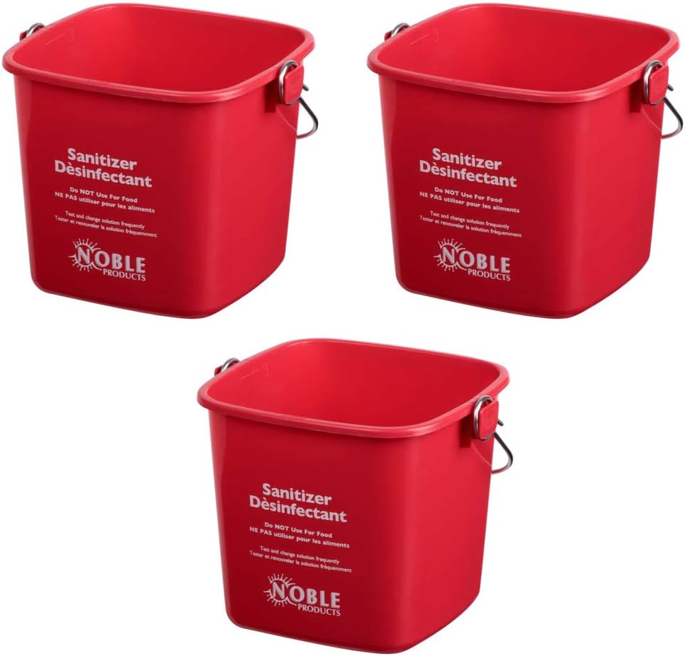 Noble Products Red Sanitizing Bucket front view with trilingual labels