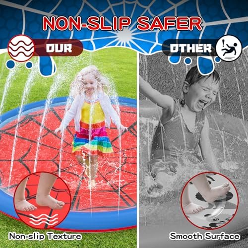 Extra large 67 inch kids water sprinkler mat setup on a green backyard lawn
