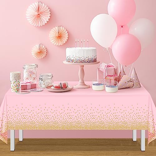 Top down view of FunnyPars pink and gold party table decor