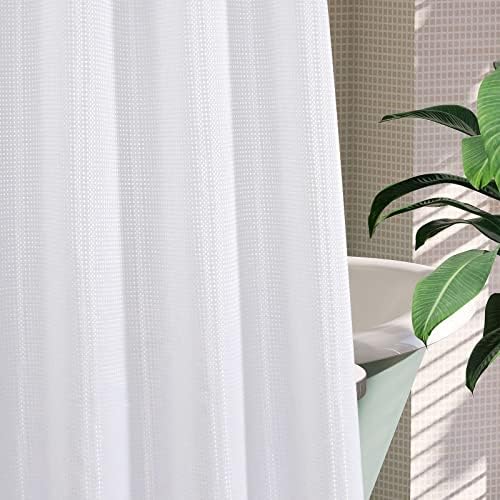 MitoVilla heavy duty water resistant fabric shower curtain showing the quick installation split rings.