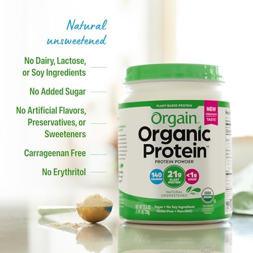 Orgain Organic protein powder container highlighting gluten-free and soy-free labels