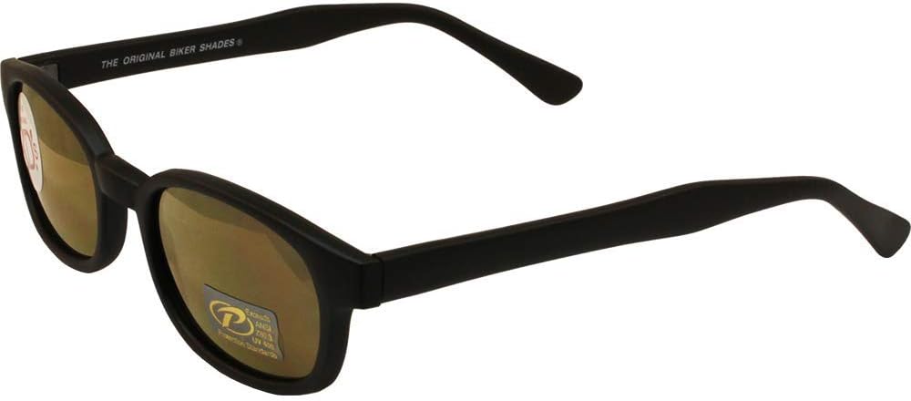 Pacific Coast Original KD's Biker Sunglasses front view showing black frame and gold mirror lenses.