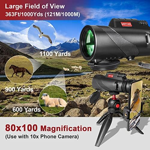 Amither HD monocular device attached to a smartphone adapter and a sturdy metal tripod setup.