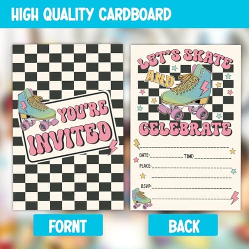 Close up view of the fill in blank spaces on the Doguiei roller skating party invites.