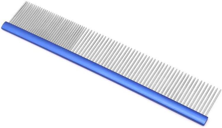 Jainsons Pet Products stainless steel double teeth pet grooming comb front view featuring durable metal pins and blue handle.